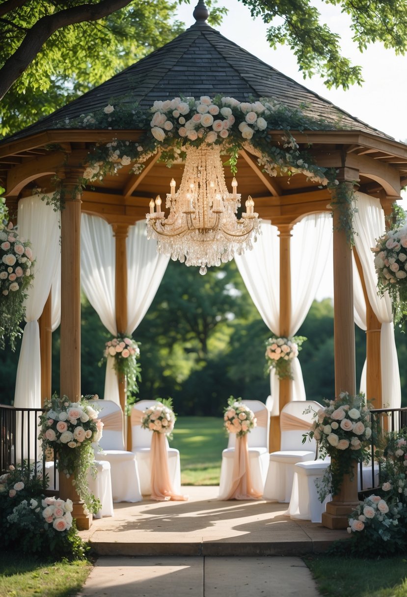 An outdoor wedding gazebo decorated with a large chandelier hanging from the ceiling, surrounded by flowers, greenery, and white drapes.