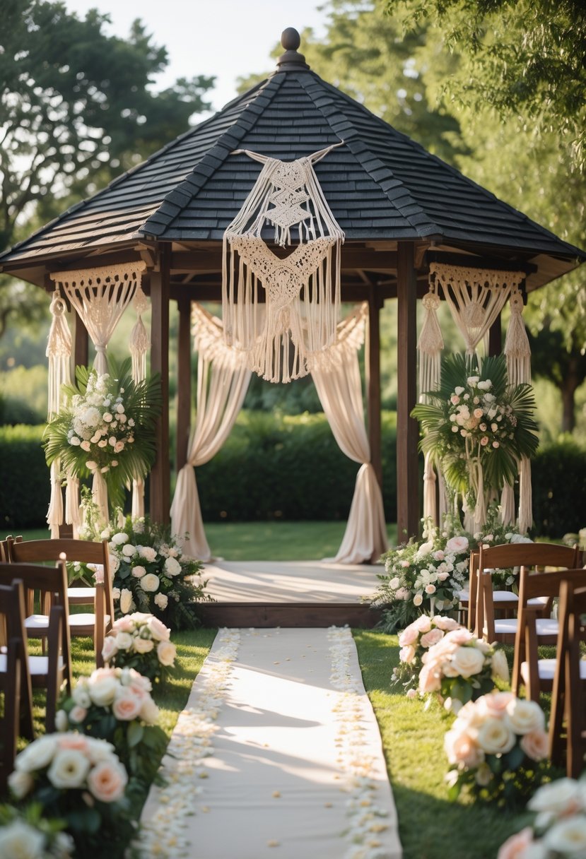 An outdoor wedding gazebo decorated with hanging macramé, flowers, and surrounded by chairs on a sunny day.