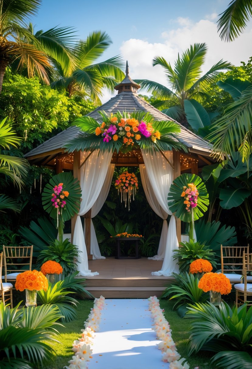 An outdoor wedding gazebo decorated with tropical plants and flowers surrounded by dense green foliage.
