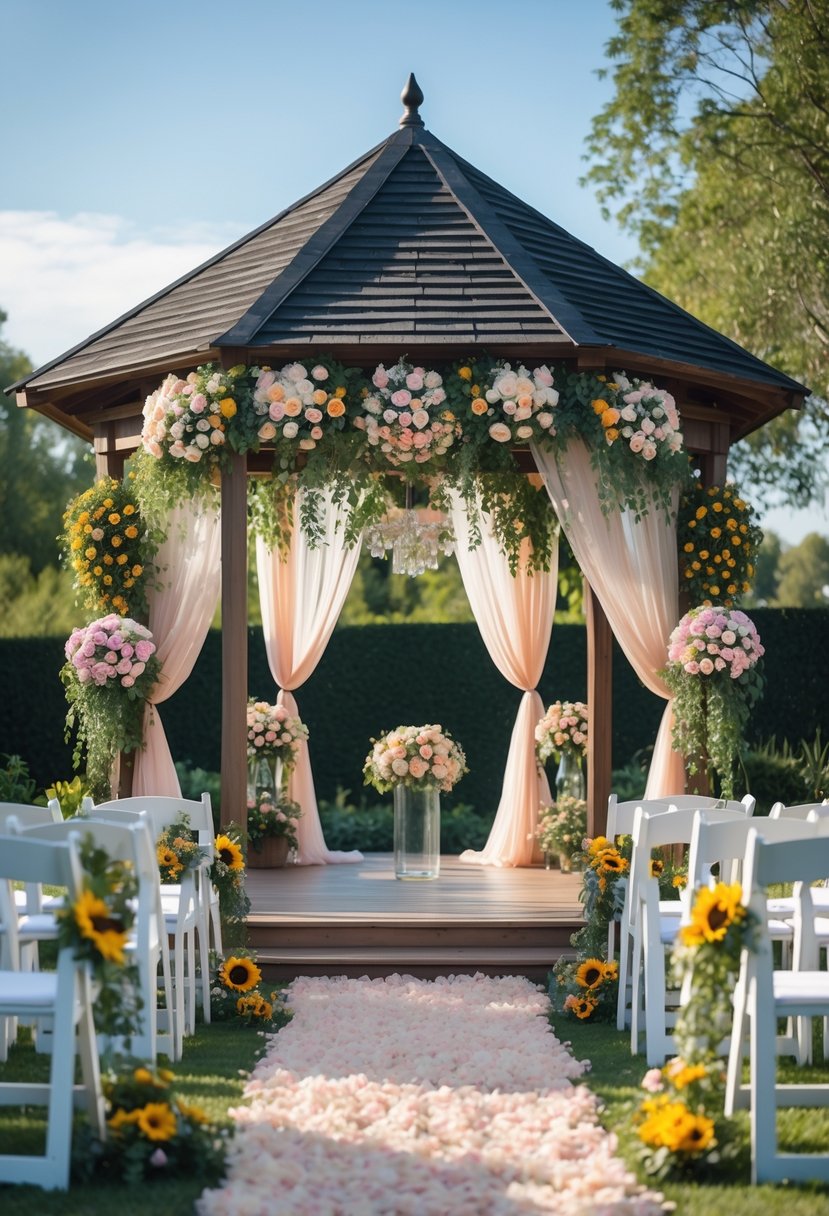 An outdoor wedding gazebo decorated with colorful seasonal flowers and white chairs arranged around it in a garden setting.