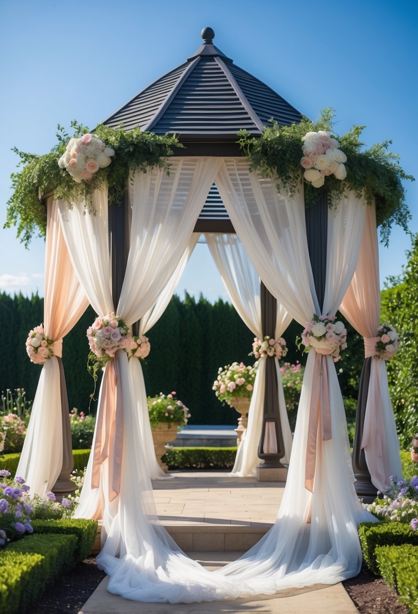 Outdoor wedding gazebo decorated with flowing white and pastel drapery swags and surrounded by flowers and greenery.