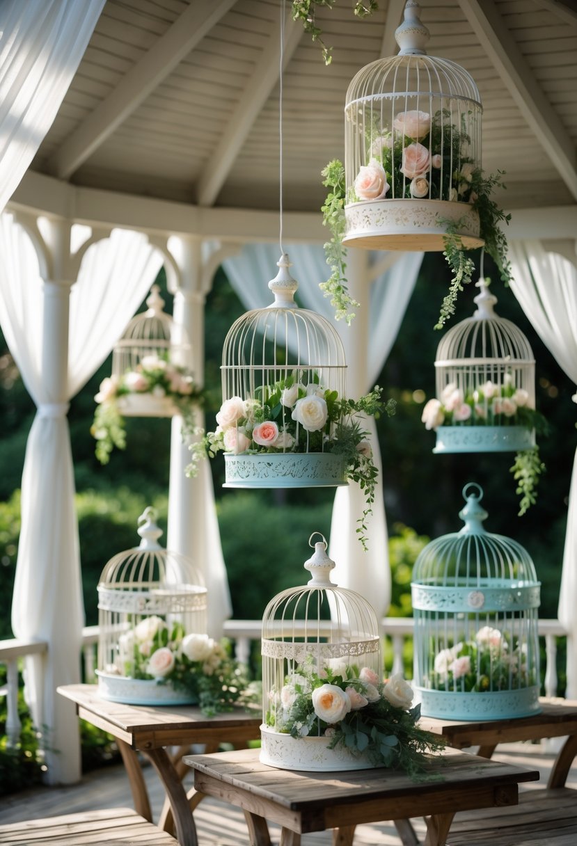 A gazebo decorated with vintage birdcage centerpieces filled with flowers, surrounded by greenery and soft sunlight.