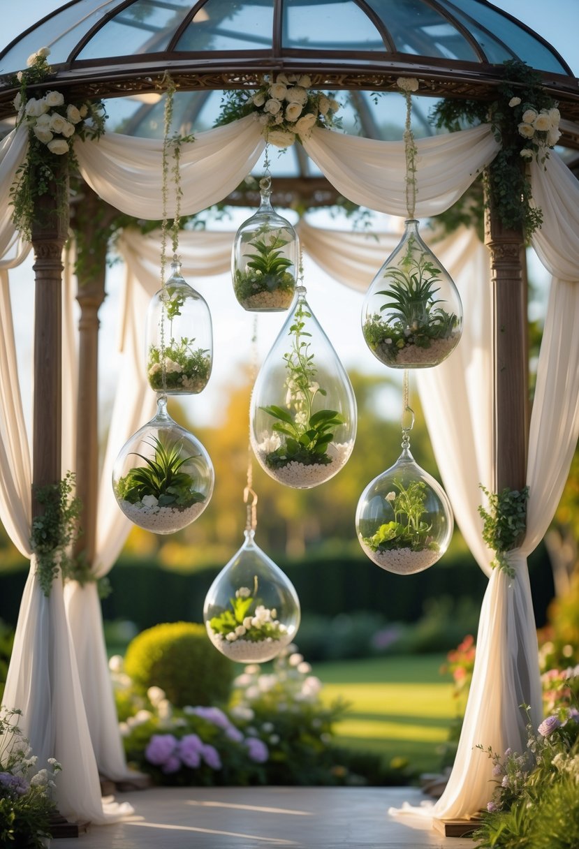 Outdoor wedding gazebo decorated with hanging glass terrariums filled with plants and flowers.