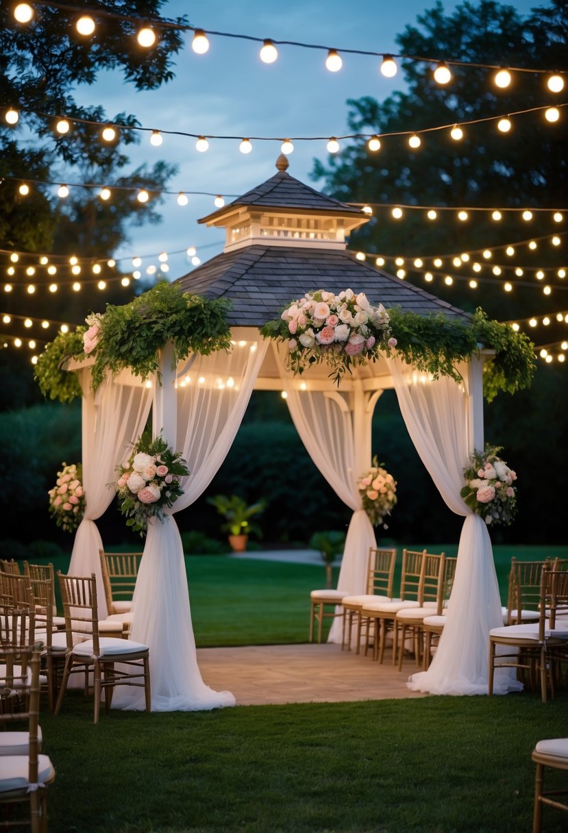 Outdoor wedding gazebo decorated with string lights, white drapes, and floral arrangements in a garden setting at dusk.
