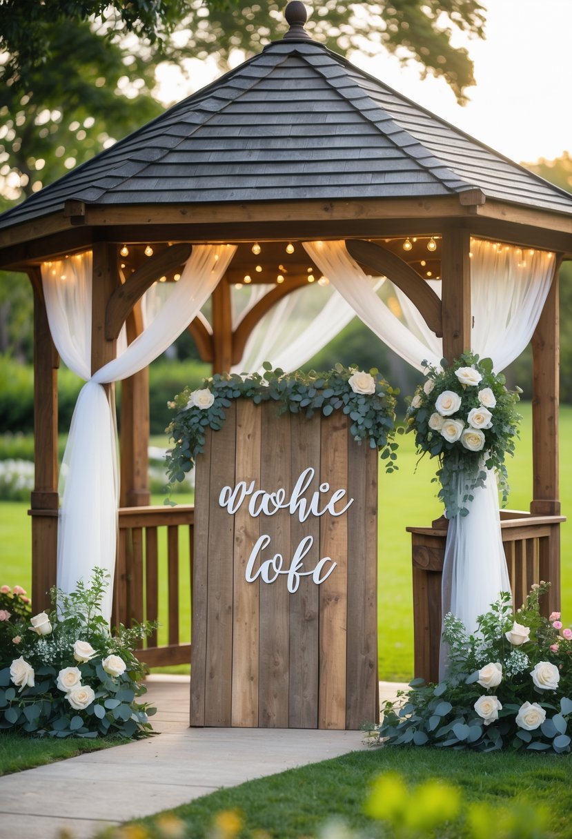 A rustic wooden sign near a decorated wooden gazebo with flowers and greenery in an outdoor garden setting.
