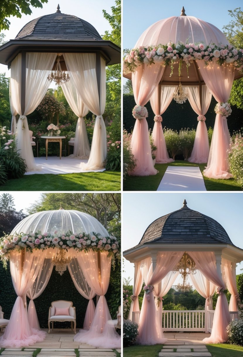 Outdoor garden scene with multiple gazebos decorated with soft tulle fabric, flowers, and fairy lights for a wedding.