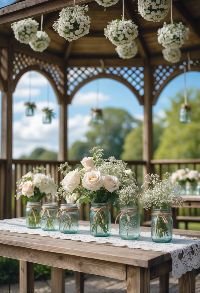 Outdoor wedding gazebo decorated with mason jars holding flowers, surrounded by greenery and natural light.
