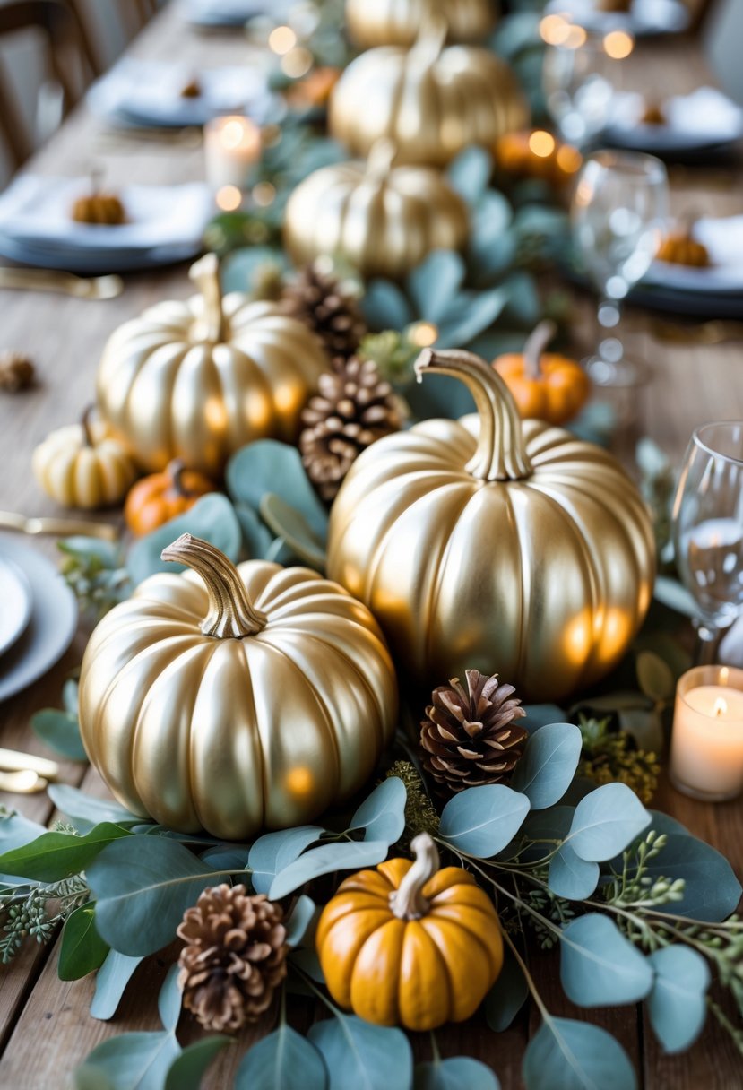 Golden pumpkins with eucalyptus leaves arranged as centerpieces on a wooden table with fall decorations.