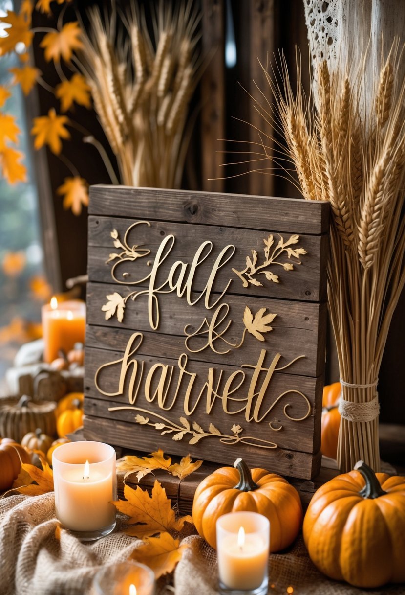 A rustic wooden sign surrounded by autumn leaves, pumpkins, dried wheat, and candles arranged for a fall harvest wedding decoration.