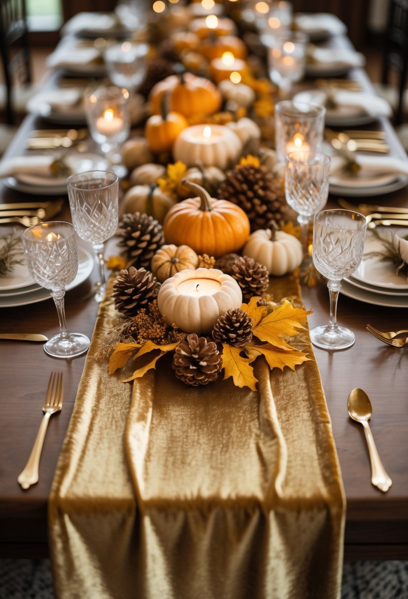 A wedding table decorated with velvet gold runners, autumn leaves, pumpkins, candles, and elegant tableware.