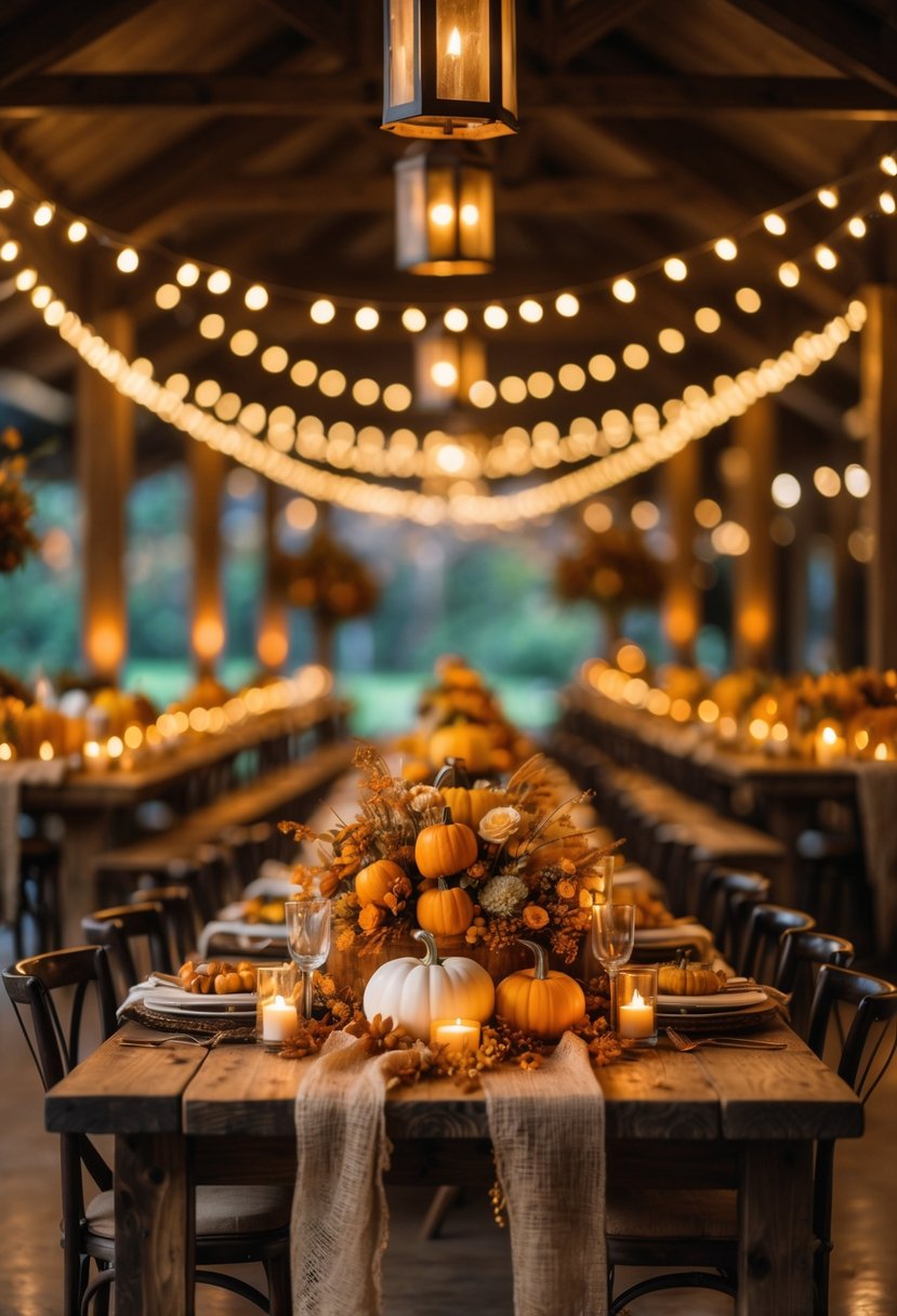 Indoor wedding venue with lantern-lit ceilings and warm fairy lights, decorated with autumnal centerpieces featuring pumpkins, gourds, and golden flowers.