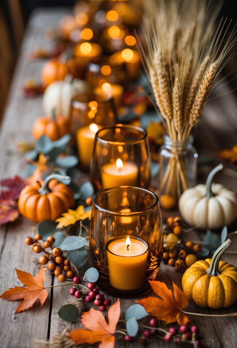Amber glass votive candles glowing on a wooden table surrounded by autumn leaves, pumpkins, wheat stalks, and berries.