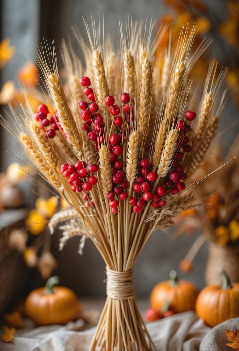 A bouquet of dried golden wheat stalks and red berries wrapped in twine against a warm fall-colored background.
