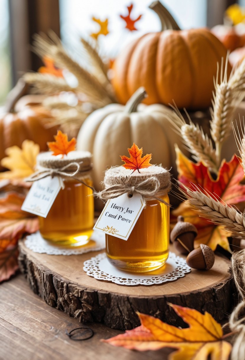 A wedding table with small honey jars decorated with twine and autumn leaves, surrounded by pumpkins, dried wheat, acorns, and colorful fall leaves.