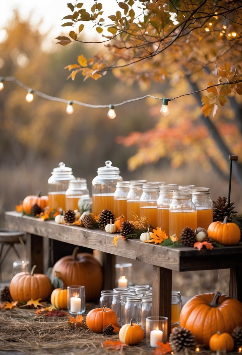 An apple cider bar setup with pumpkins, fall leaves, pitchers of cider, and glasses on a wooden table surrounded by autumn decorations.