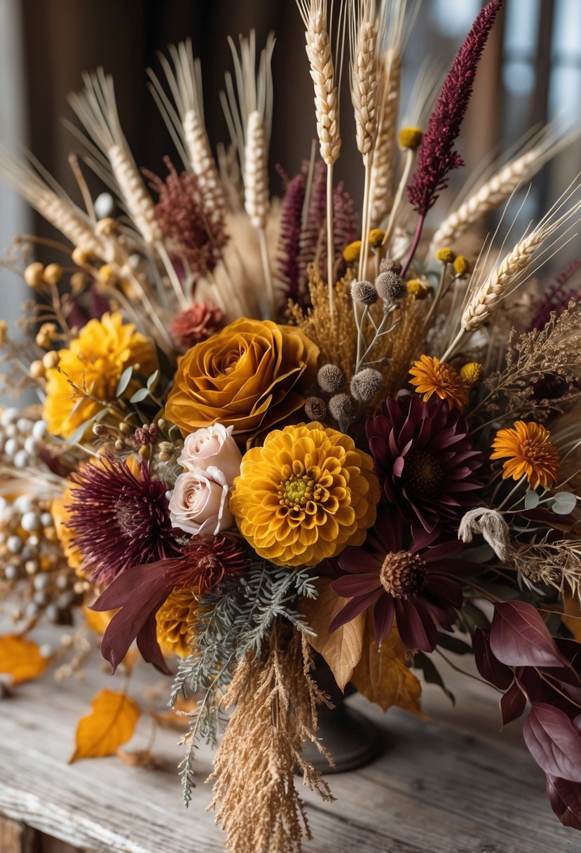 A layered arrangement of autumn flowers and foliage in mustard and burgundy colors displayed on a wooden surface.