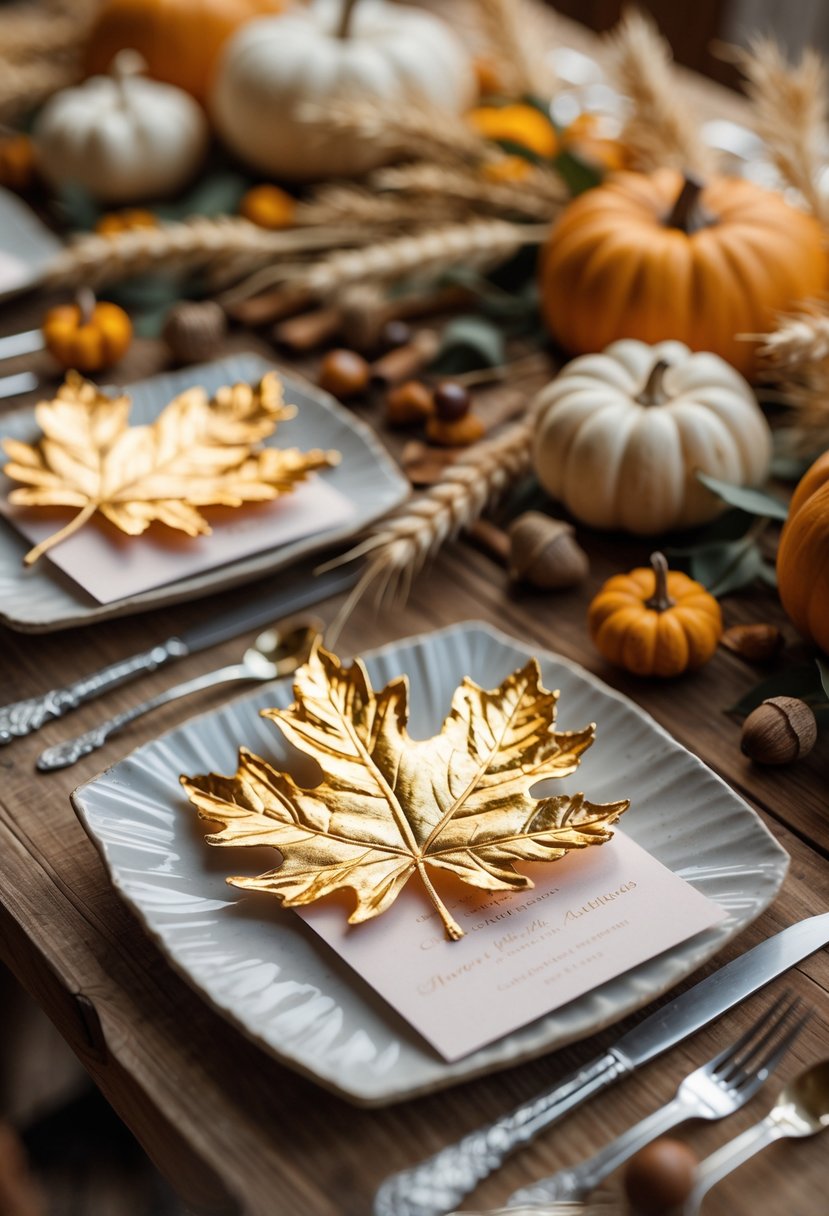 Gold foil autumn leaf place cards arranged on a wooden table with pumpkins, acorns, and dried wheat stalks for a fall wedding decoration.