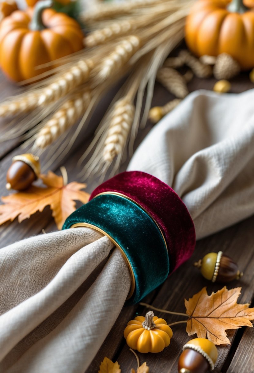 Velvet napkin rings in jewel tones on folded napkins surrounded by golden fall harvest decorations on a wooden table.