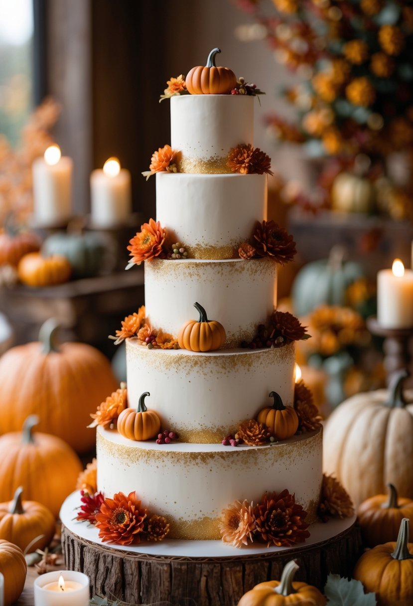 A multi-tiered wedding cake decorated with pumpkins and gold dust surrounded by fall harvest decorations.