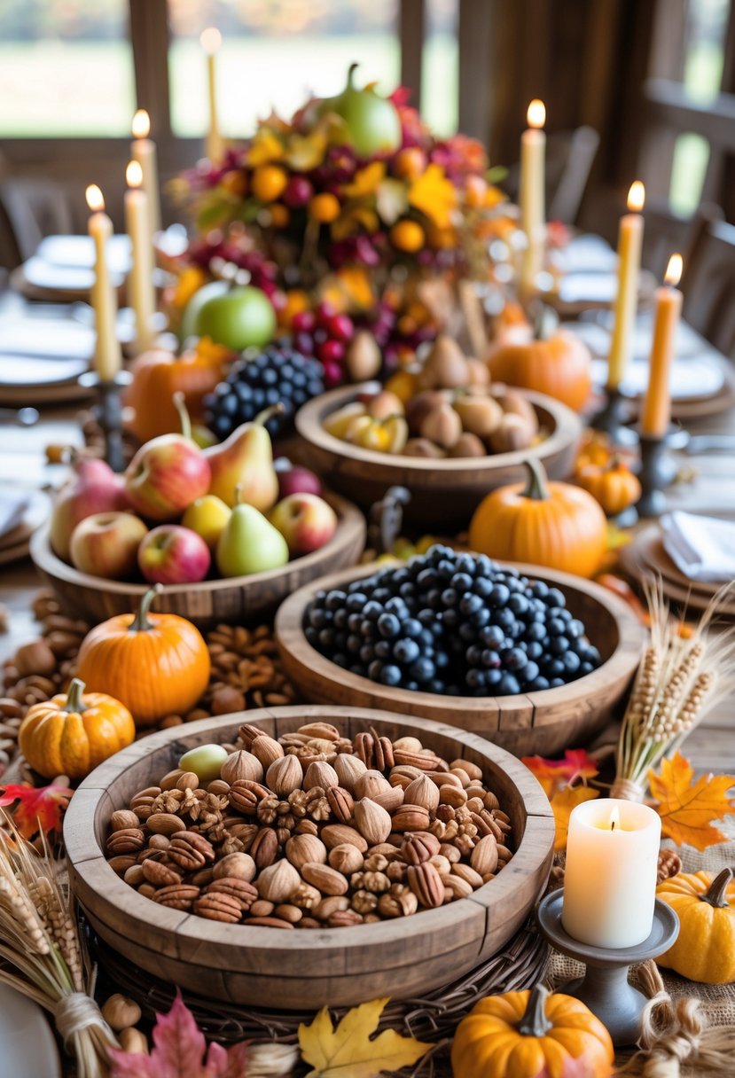 A table decorated with fall fruits, nuts, pumpkins, and autumn leaves arranged for a wedding display.