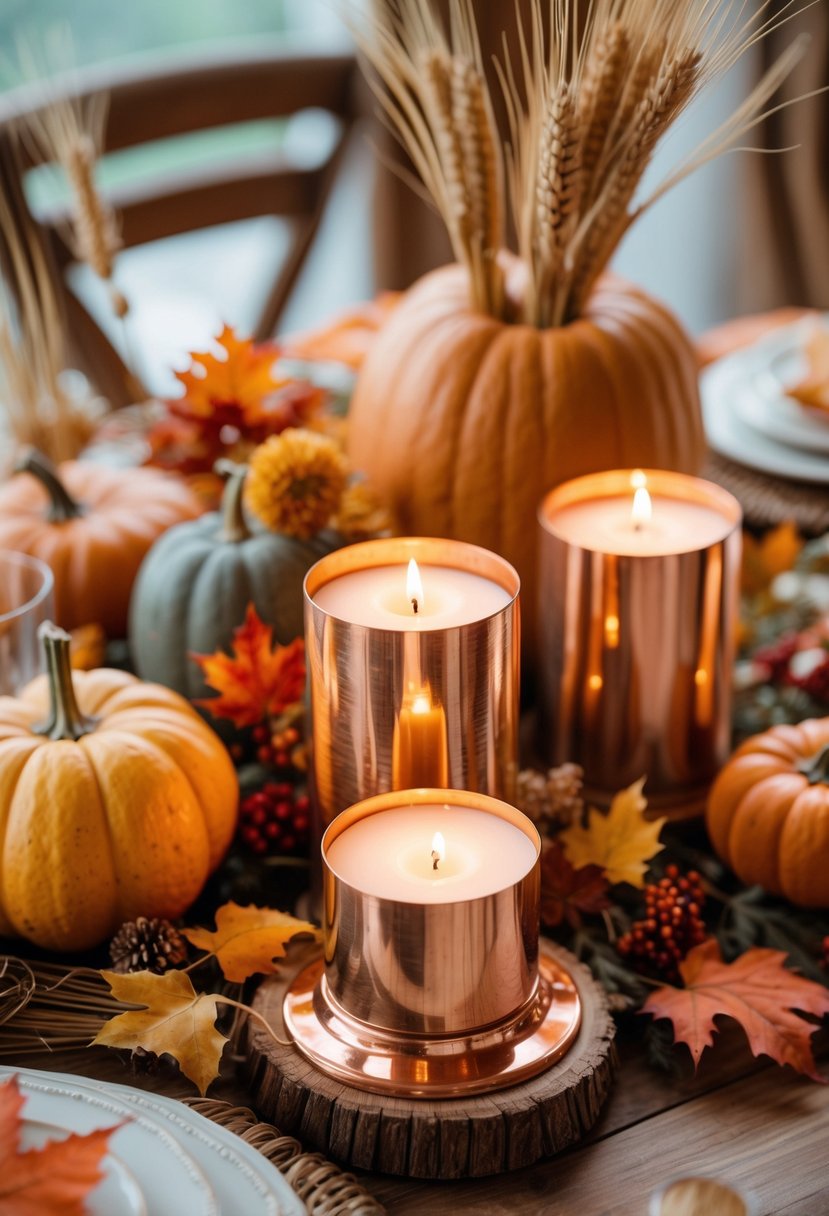 A wedding table decorated with copper and brass candle holders surrounded by pumpkins, autumn leaves, and wheat stalks.