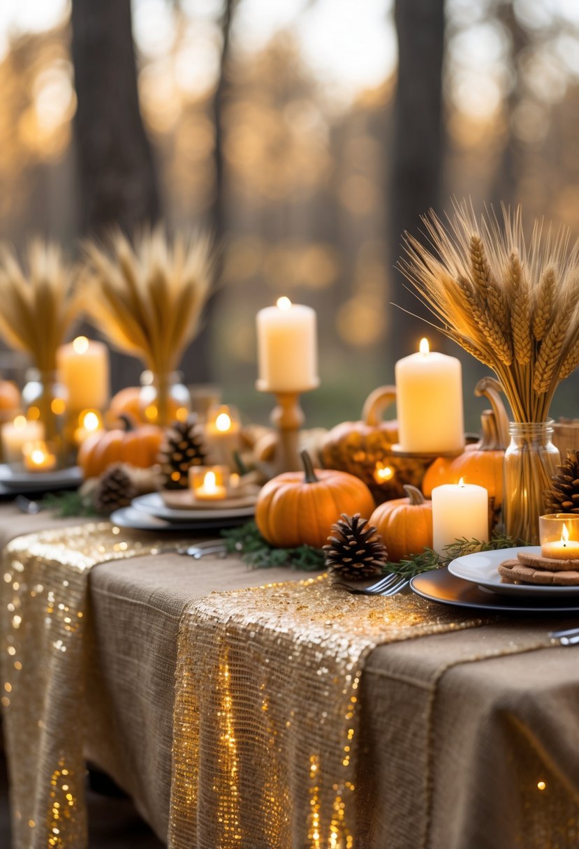 A wedding table set with burlap tablecloths and golden overlays, decorated with pumpkins, wheat stalks, pine cones, and candles.