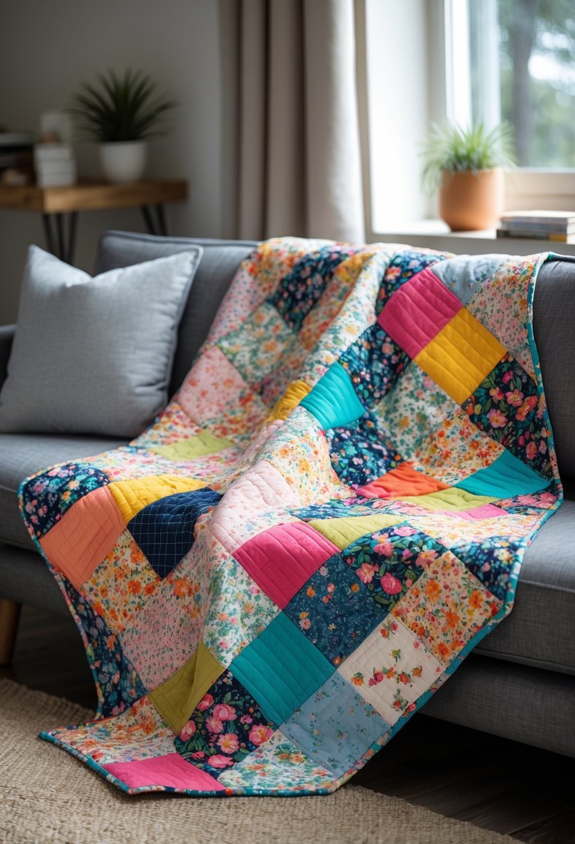 A patchwork quilted throw blanket made of colorful fabric pieces draped over a sofa in a cozy living room.