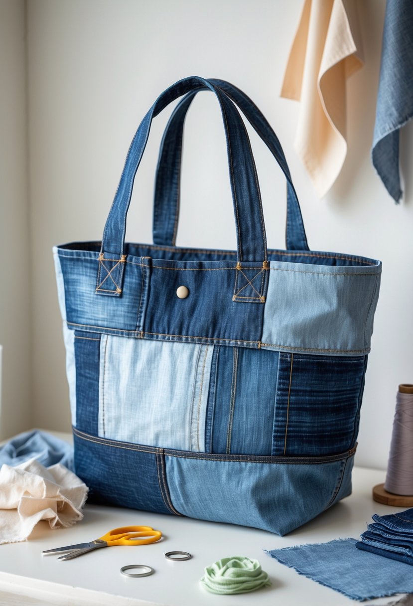 An upcycled denim tote bag on a wooden surface surrounded by fabric scraps and sewing tools.