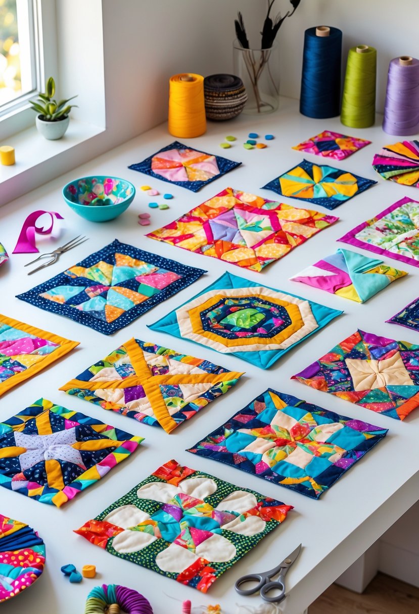 A workspace with colorful fabric scraps and handmade fabric wall art arranged on a wooden table with sewing tools nearby.