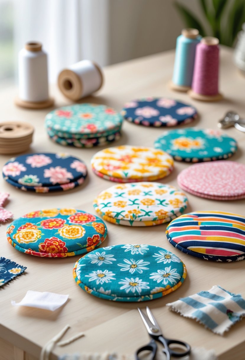 A set of colorful fabric coasters made from upcycled materials arranged on a wooden table with sewing supplies nearby.