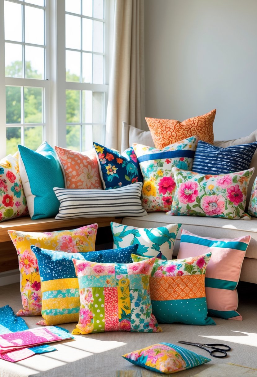 A collection of colorful handmade pillows made from scrap fabrics arranged on a bench and sofa in a bright living room.