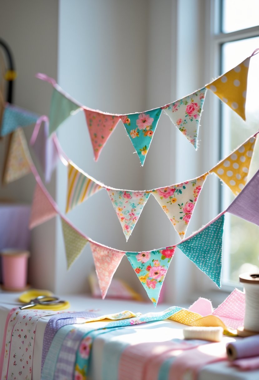 A colorful mini fabric bunting garland made of sixteen small triangular flags hanging indoors with craft materials nearby.