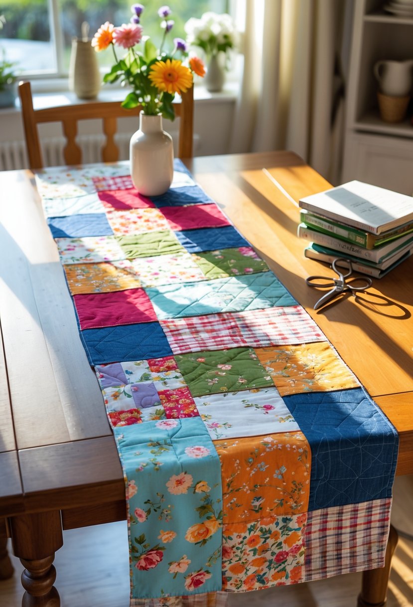 A colorful patchwork table runner made from various fabric pieces laid out on a wooden dining table with natural light and crafting supplies nearby.