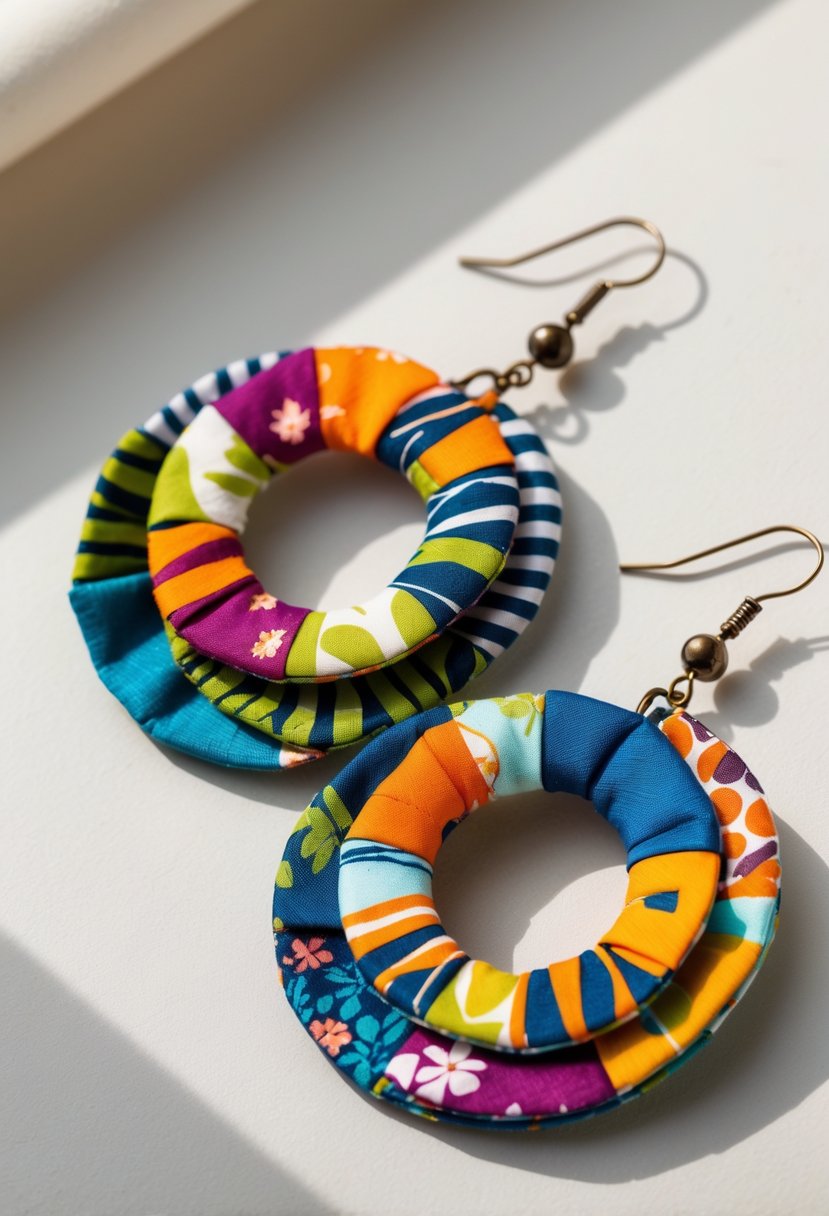 A close-up of a pair of colorful layered fabric earrings made from upcycled materials on a plain background.