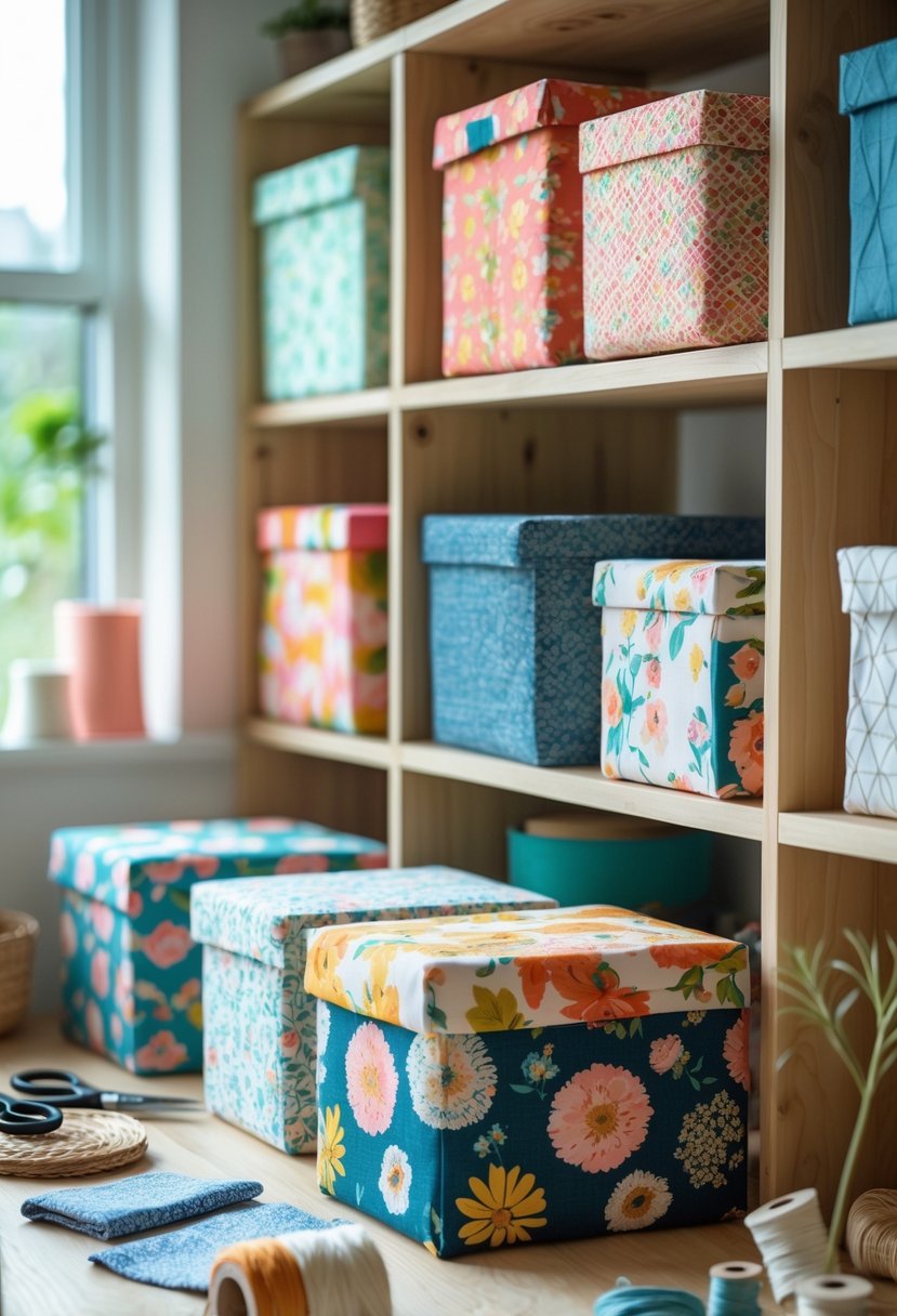 A collection of colorful fabric-covered storage boxes arranged on wooden shelves in a bright room with natural light.