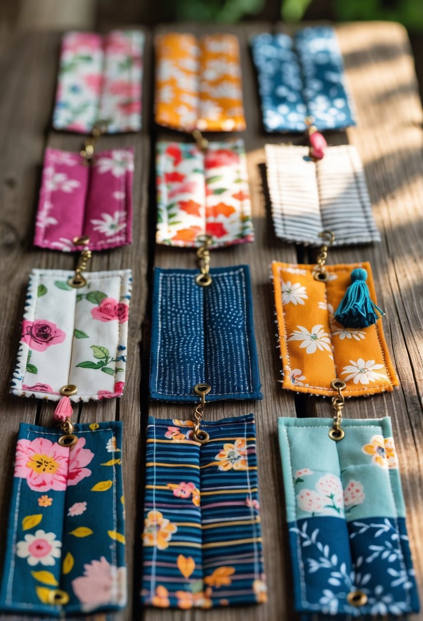 A collection of sixteen colorful fabric bookmarks arranged on a wooden surface, showing various patterns and textures.