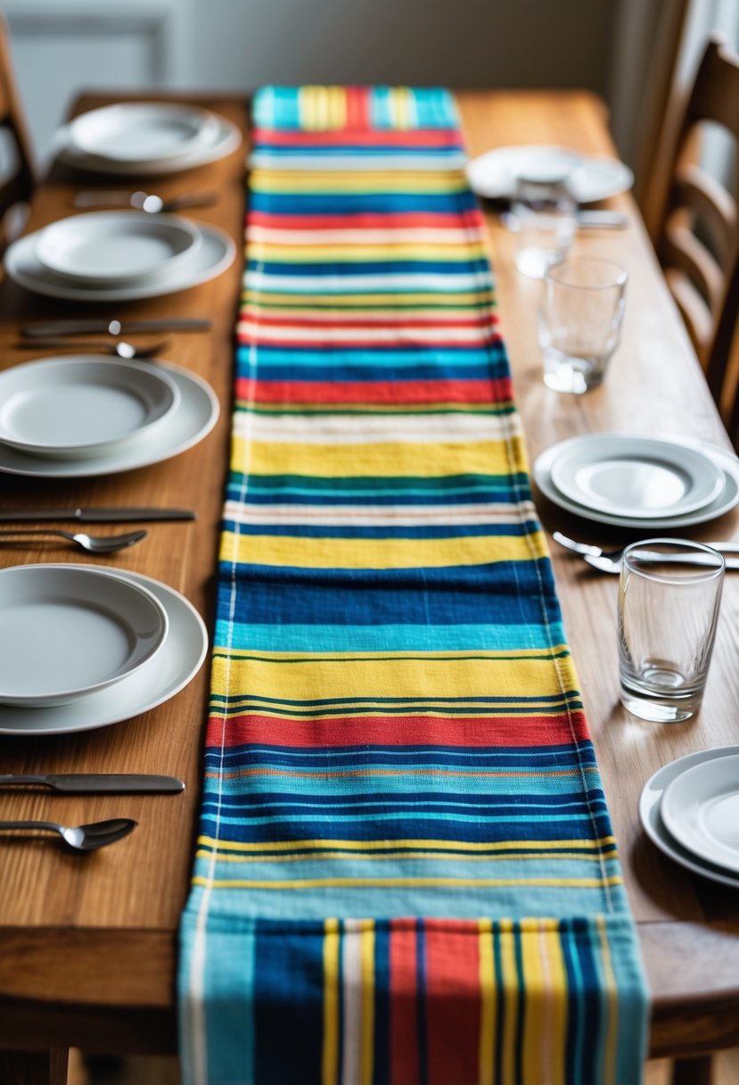 A wooden dining table set with colorful striped fabric placemats and simple tableware.