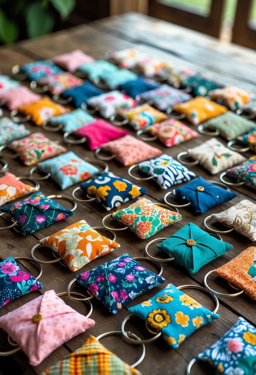 A collection of sixteen colorful upcycled fabric keychains arranged on a wooden surface.