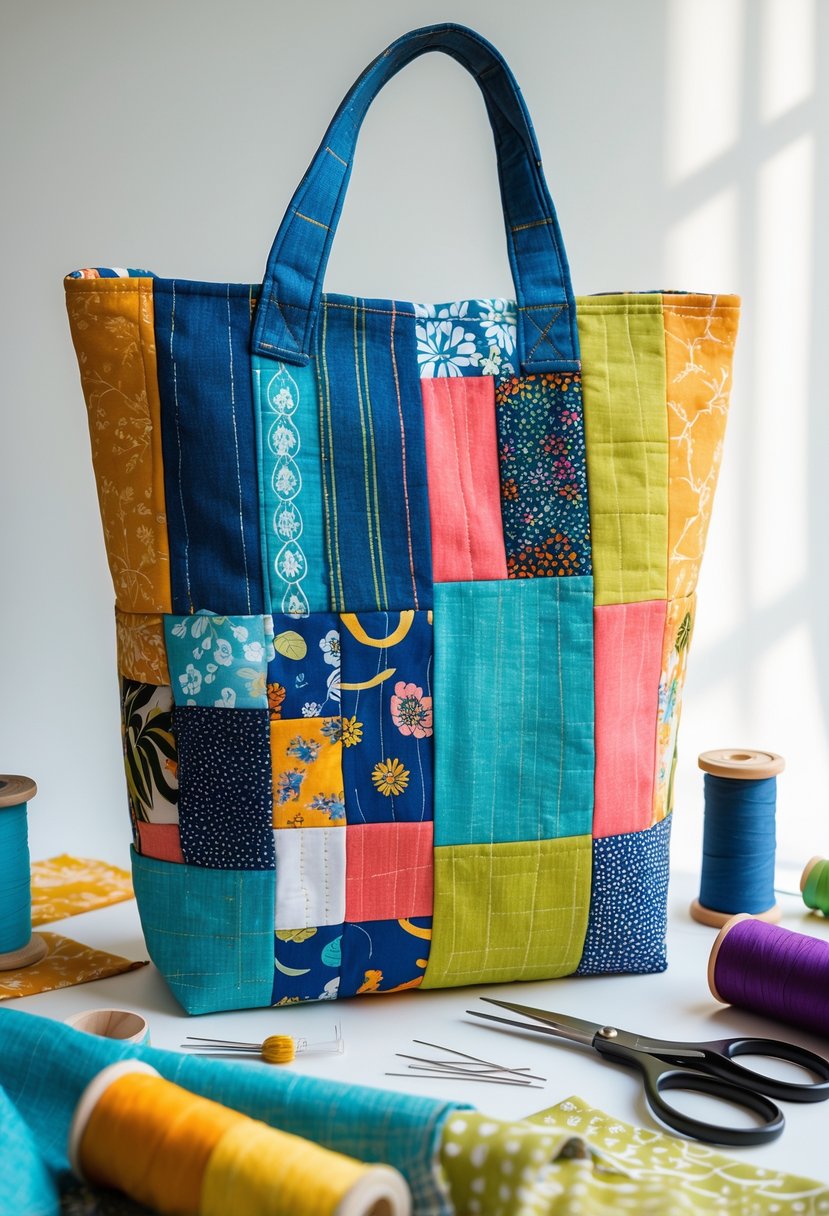 A reversible fabric tote bag made from colorful upcycled fabrics displayed with sewing materials on a neutral background.