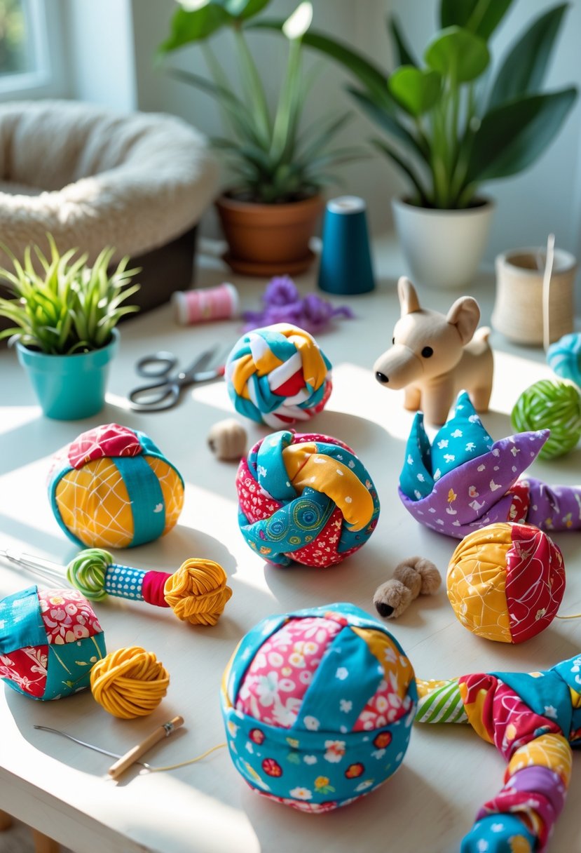 A collection of colorful handmade pet toys made from fabric scraps arranged on a wooden table with sewing tools and plants in the background.