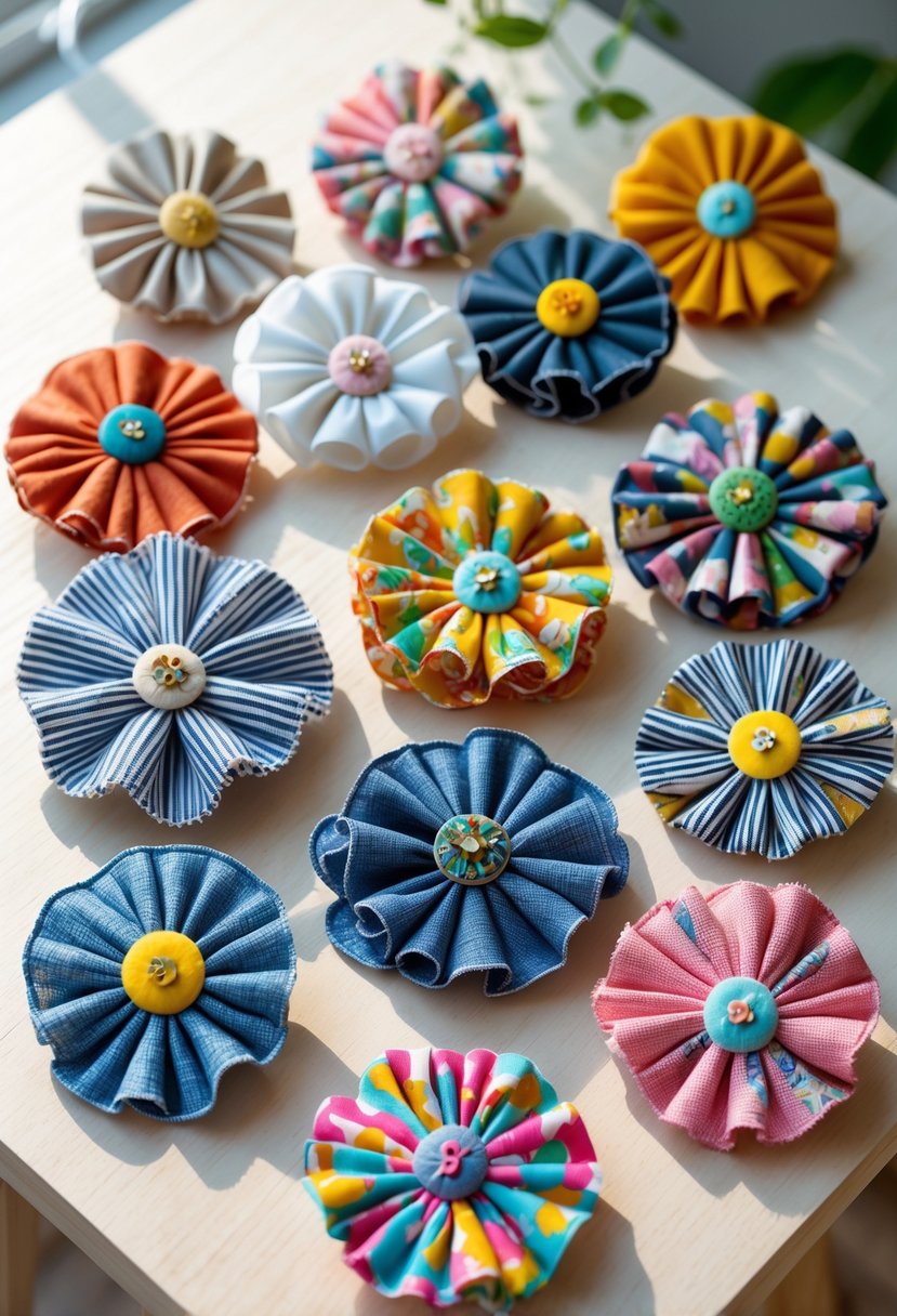 Sixteen colorful fabric flower brooches arranged on a wooden surface.