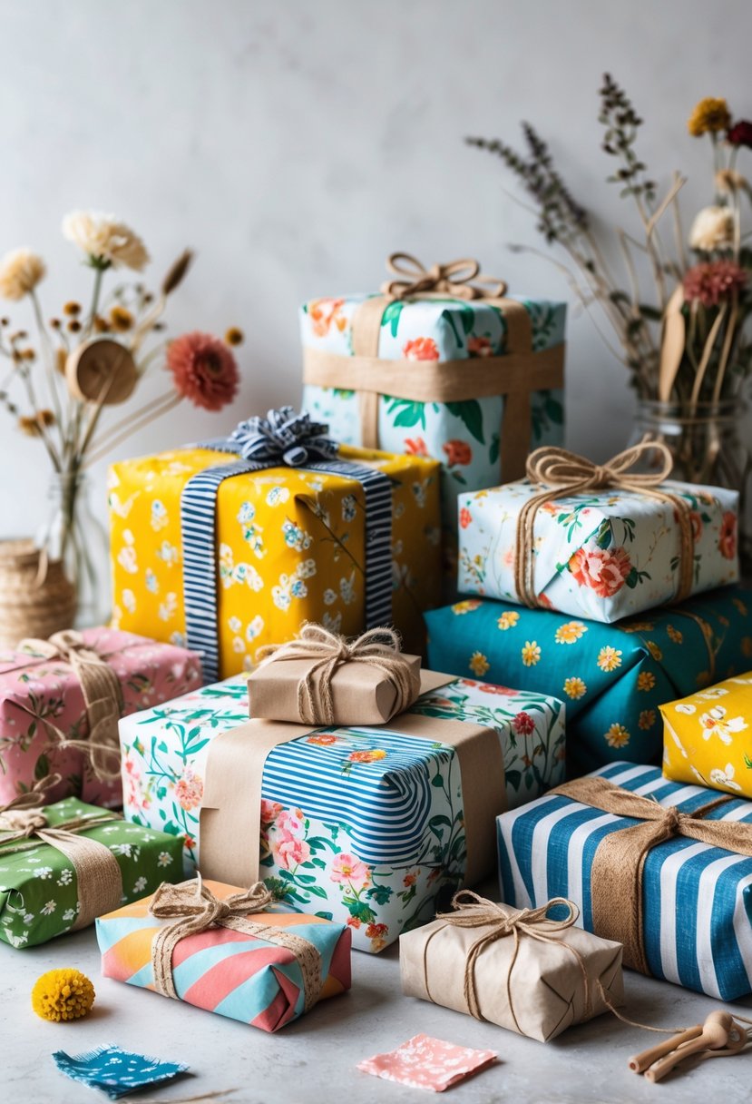 A collection of gifts wrapped in colorful upcycled fabric with natural twine, displayed on a clean surface with sewing tools and fabric scraps nearby.