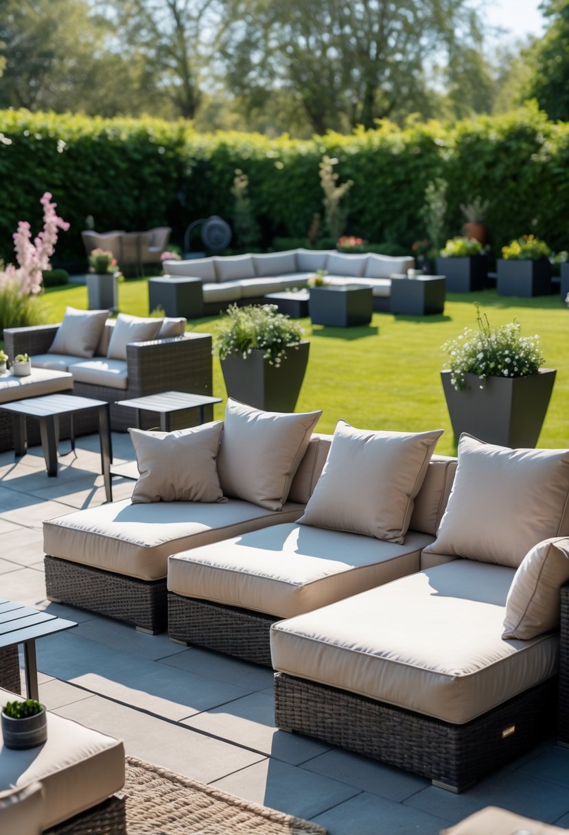 Outdoor garden scene with modular sofas and cushions arranged around tables and plants.