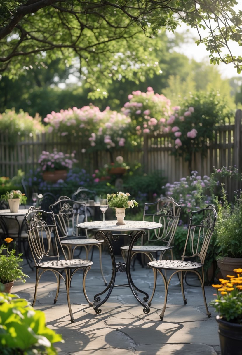 Outdoor garden scene with wrought iron tables and chairs arranged on a stone patio surrounded by plants and flowers.