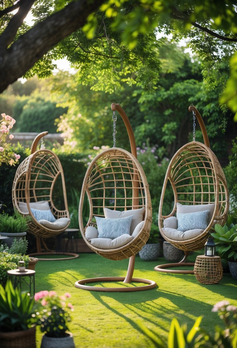 Outdoor garden with hanging rattan egg chairs surrounded by plants and greenery.