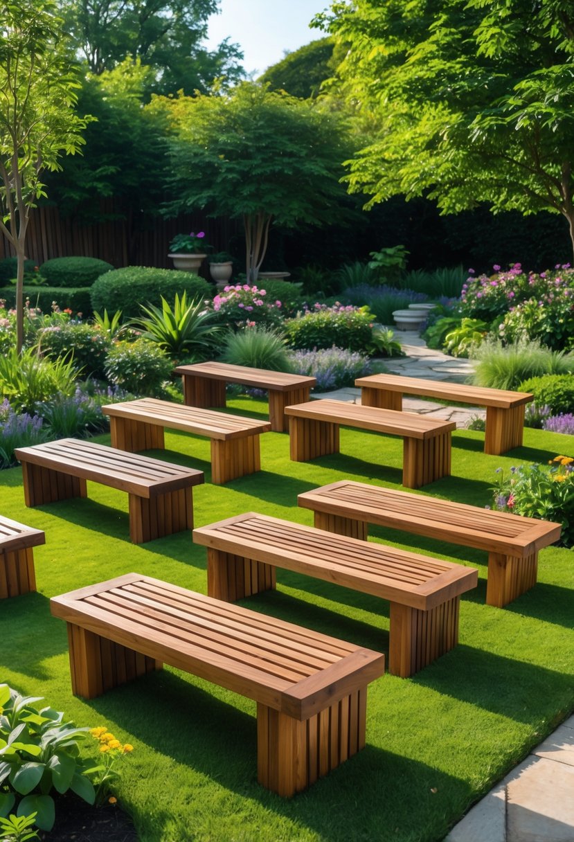 Thirteen wooden garden benches made from recycled teak wood arranged outdoors in a green garden surrounded by plants and trees.