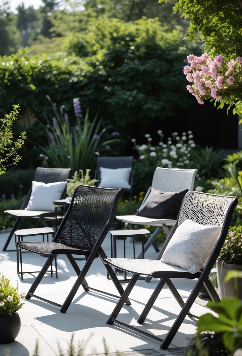 A group of foldable steel mesh patio chairs arranged on a garden patio surrounded by plants and flowers.