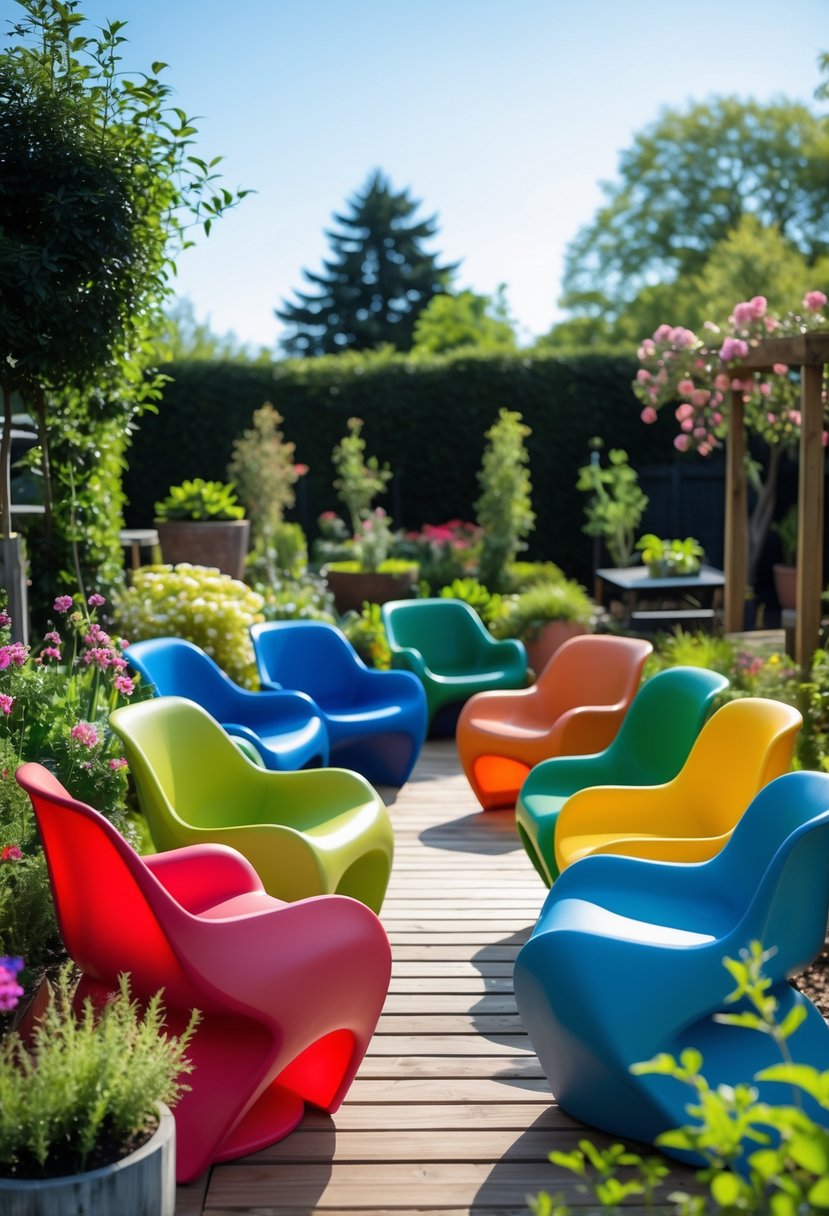 A collection of colorful plastic armchairs arranged outdoors in a garden surrounded by plants and sunlight.