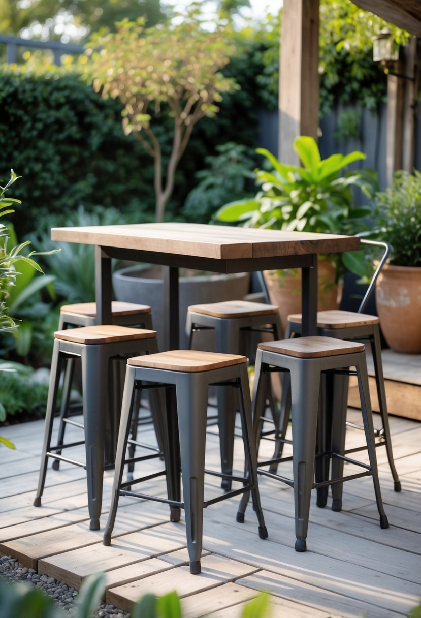 A group of metal stools arranged around a wooden table in a garden with plants and greenery in the background.