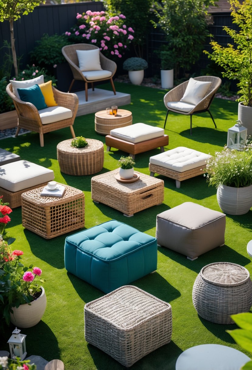An outdoor garden scene with thirteen different multifunctional storage ottomans arranged on a lawn surrounded by plants and garden furniture.